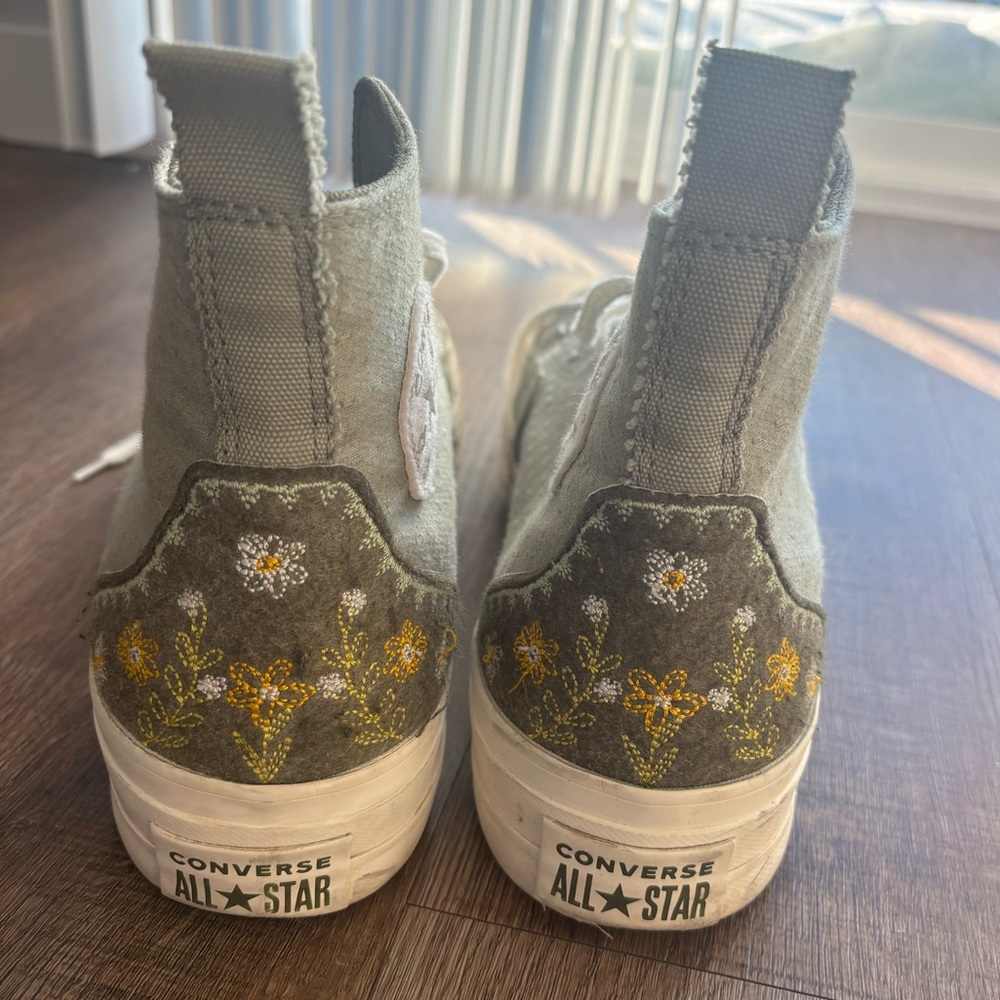 Green Embroidered Converse All Star High Tops with Yellow & White Floral Design